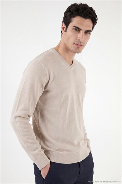 Pamuklu Regular Fit V Yaka Erkek Kazak 456202 V BEJ