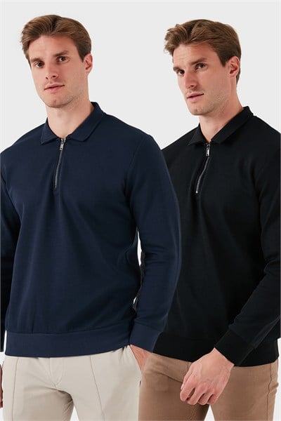 Pamuklu Regular Fit Yarım Fermuarlı 2li Paket Polo Yaka Erkek Sweat 5905789S2 SİYAH-İNDİGO