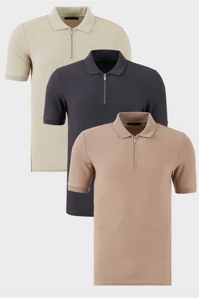 Pamuklu Regular Fit Yarım Fermuarlı 3lü Paket Erkek Polo Yaka T Shirt 5902434S3 Taş-Antrasit-Vizon