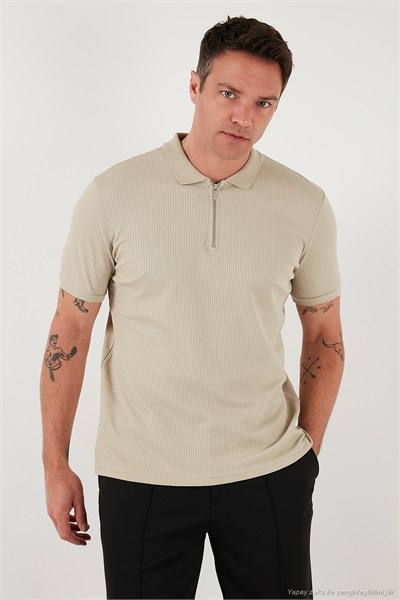 Pamuklu Regular Fit Yarım Fermuarlı 3lü Paket Erkek Polo Yaka T Shirt 5902738S3 Vizon-Açık Haki-İndigo