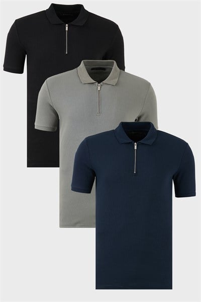 Pamuklu Regular Fit Yarım Fermuarlı 3lü Paket Erkek Polo Yaka T Shirt 5902738S3 Siyah-Açık Haki-İndigo