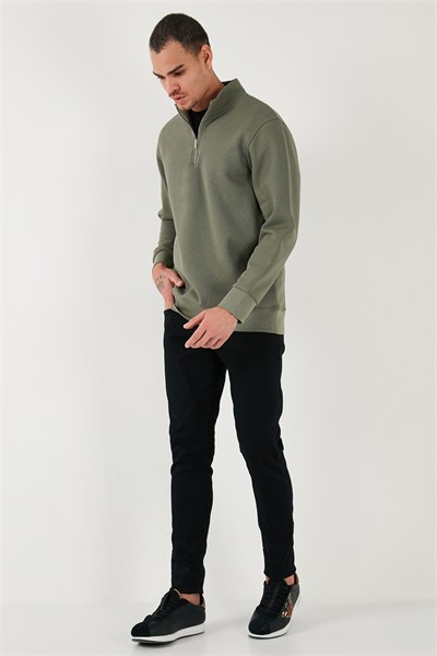 Pamuklu Regular Fit Yarım Fermuarlı Dik Yaka Şardonlu Erkek Sweat 59052592 HAKİ