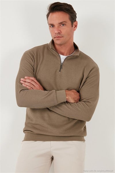 Pamuklu Regular Fit Yarım Fermuarlı Dik Yaka 2li Paket Erkek Sweat 5905716S2 Koyu Vizon-Siyah