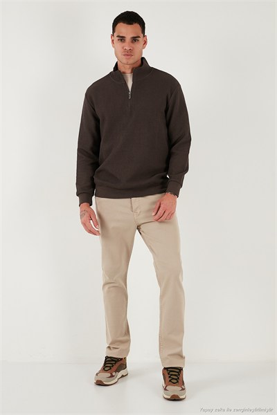 Pamuklu Regular Fit Yarım Fermuarlı Dik Yaka Erkek Sweat 5905716 KOYU KAHVE
