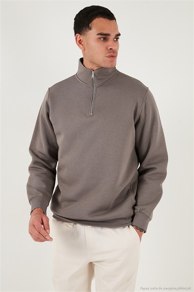 Pamuklu Regular Fit Yarım Fermuarlı Dik Yaka Şardonlu Erkek Sweat 59052592 TOPRAK