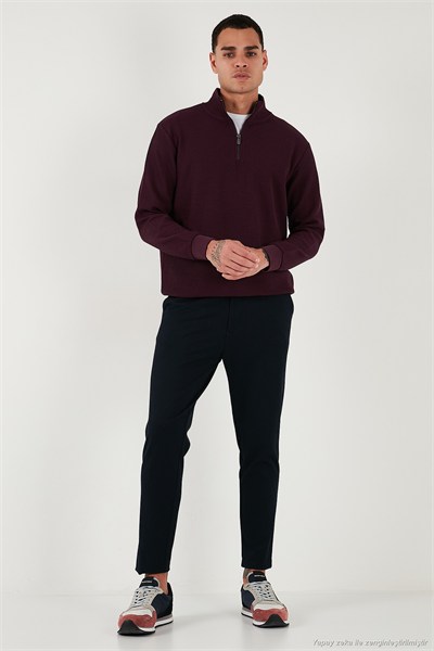 Pamuklu Regular Fit Yarım Fermuarlı Dik Yaka Erkek Sweat 5905716 VİŞNE