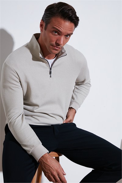 Pamuklu Regular Fit Yarım Fermuarlı Dik Yaka Erkek Sweat 5905716 TAŞ