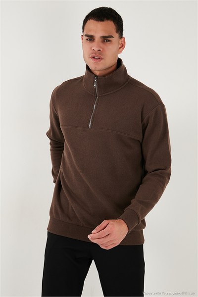 Pamuklu Regular Fit Yarım Fermuarlı Dik Yaka Erkek Kazak 456112 KAHVE