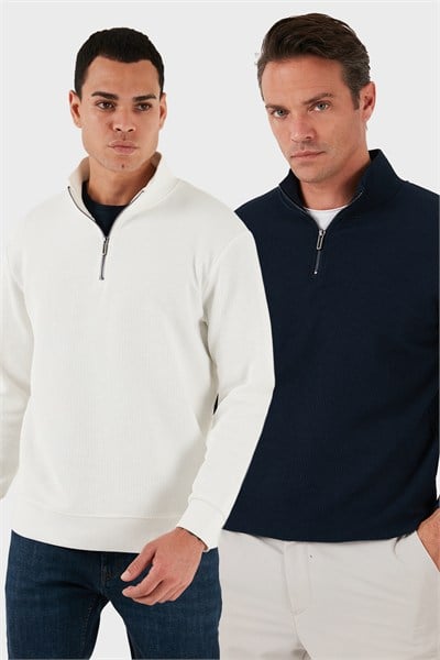 Pamuklu Regular Fit Yarım Fermuarlı Dik Yaka 2li Paket Erkek Sweat 5905716S2 Ekru-Koyu Lacivert