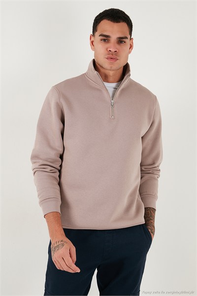 Pamuklu Regular Fit Yarım Fermuarlı Dik Yaka Şardonlu Erkek Sweat 59052592 GÜL