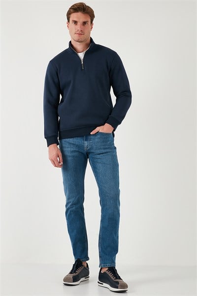 Pamuklu Regular Fit Yarım Fermuarlı Dik Yaka Şardonlu Erkek Sweat 59052592 KOYU LACİVERT