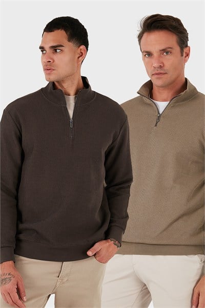 Pamuklu Regular Fit Yarım Fermuarlı Dik Yaka 2li Paket Erkek Sweat 5905716S2 Koyu Vizon-Koyu Kahve