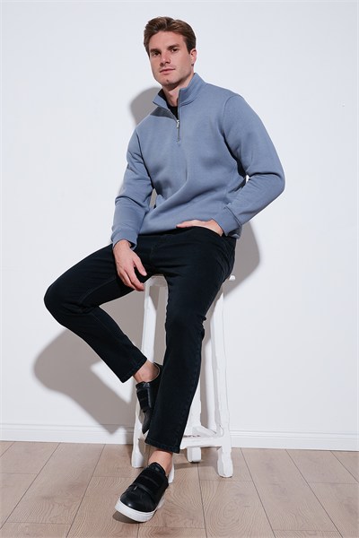 Pamuklu Regular Fit Yarım Fermuarlı Dik Yaka Şardonlu Erkek Sweat 59052592 KOYU GRİ