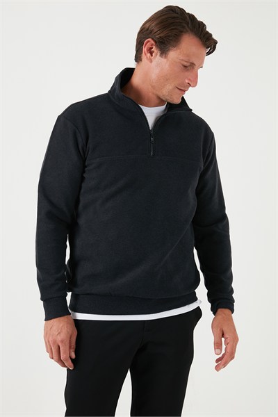 Pamuklu Regular Fit Yarım Fermuarlı Dik Yaka Erkek Kazak 456112 ANTRASİT