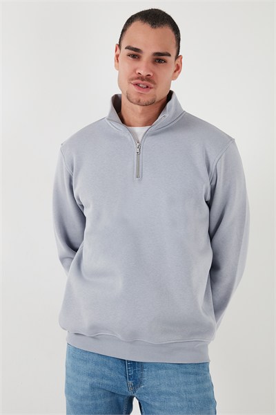 Pamuklu Regular Fit Yarım Fermuarlı Dik Yaka Şardonlu Erkek Sweat 59052592 AÇIK GRİ