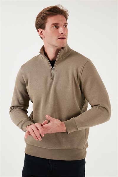 Pamuklu Regular Fit Yarım Fermuarlı Dik Yaka Şardonlu Erkek Sweat 59052592 Vizon Yeşili