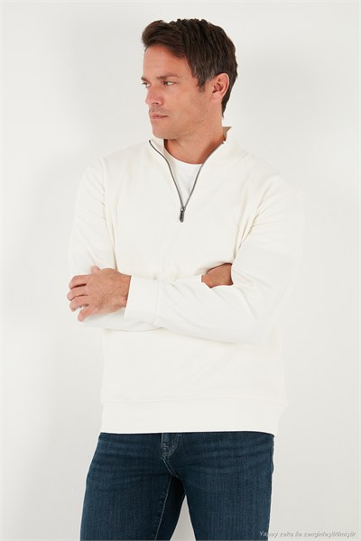 Pamuklu Regular Fit Yarım Fermuarlı Dik Yaka Erkek Sweat 5905470 EKRU