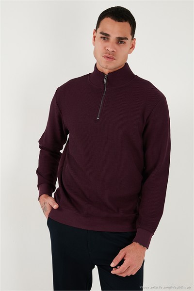 Pamuklu Regular Fit Yarım Fermuarlı Dik Yaka Erkek Sweat 5905716 VİŞNE