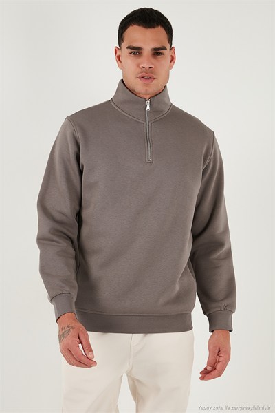 Pamuklu Regular Fit Yarım Fermuarlı Dik Yaka Şardonlu Erkek Sweat 59052592 TOPRAK