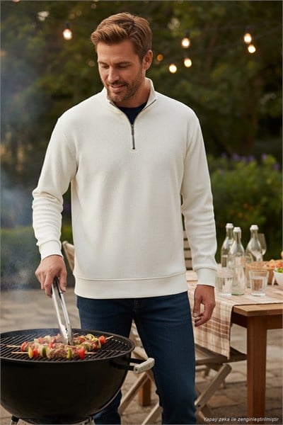 Pamuklu Regular Fit Yarım Fermuarlı Dik Yaka Erkek Sweat 5905716 EKRU