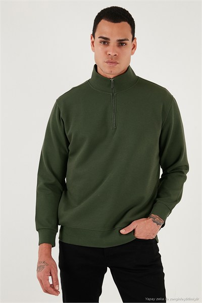 Pamuklu Regular Fit Yarım Fermuarlı Dik Yaka Erkek Sweat 5905470 HAKİ