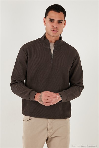 Pamuklu Regular Fit Yarım Fermuarlı Dik Yaka Erkek Sweat 5905716 KOYU KAHVE