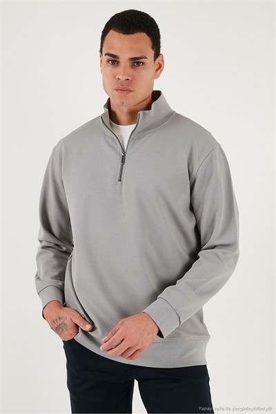 Pamuklu Regular Fit Yarım Fermuarlı Dik Yaka Erkek Sweat 5905470 GRİ