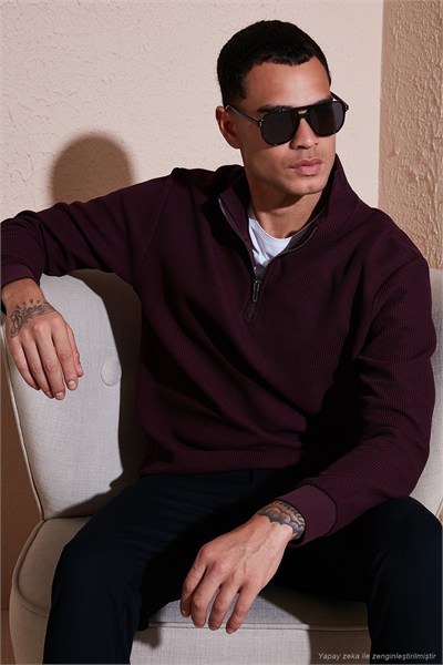 Pamuklu Regular Fit Yarım Fermuarlı Dik Yaka 2li Paket Erkek Sweat 5905716S2 EKRU-VİŞNE