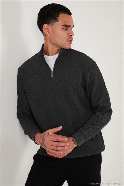 Pamuklu Regular Fit Yarım Fermuarlı Dik Yaka Erkek Sweat 5905716 ANTRASİT