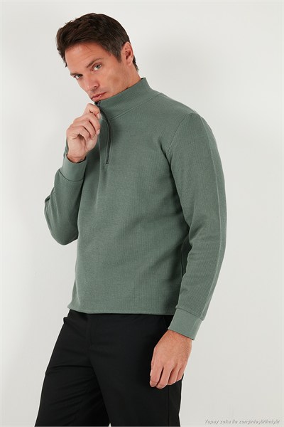 Pamuklu Regular Fit Yarım Fermuarlı Dik Yaka Erkek Sweat 5905716 HAKİ