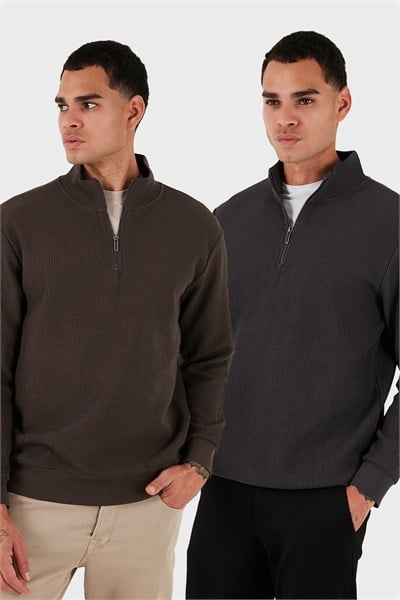 Pamuklu Regular Fit Yarım Fermuarlı Dik Yaka 2li Paket Erkek Sweat 5905716S2 Koyu Kahve-Antrasit