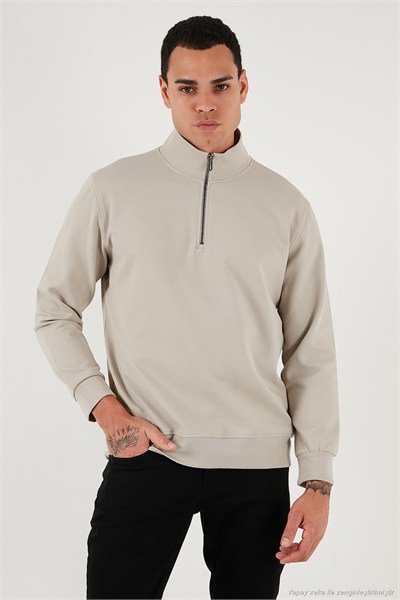 Pamuklu Regular Fit Yarım Fermuarlı Dik Yaka Erkek Sweat 5905470 TAŞ