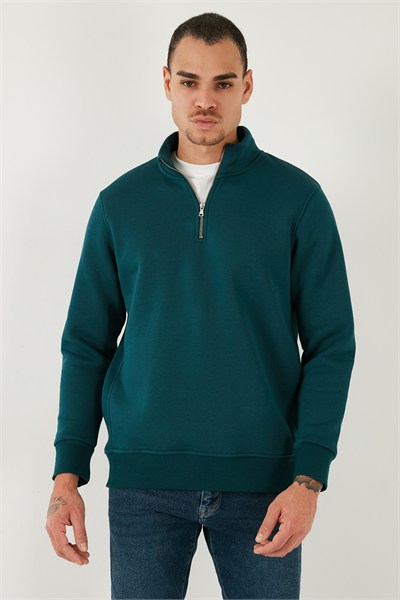 Pamuklu Regular Fit Yarım Fermuarlı Dik Yaka Şardonlu Erkek Sweat 59052592 PETROL