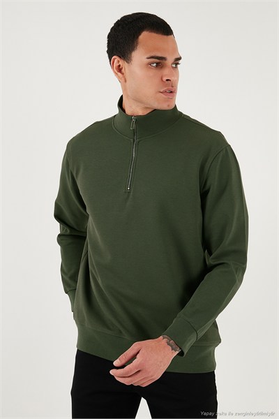 Pamuklu Regular Fit Yarım Fermuarlı Dik Yaka Erkek Sweat 5905470 HAKİ