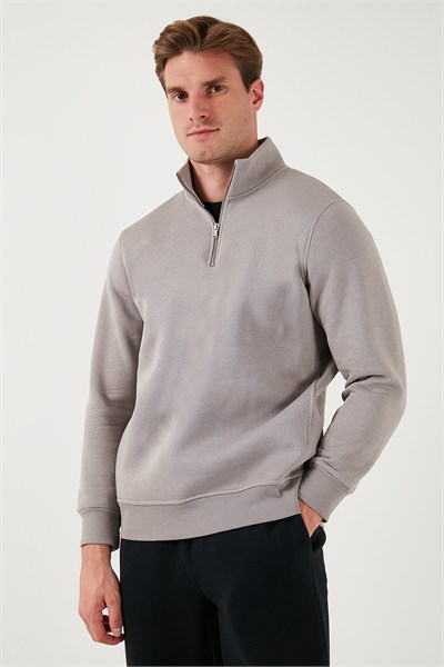 Pamuklu Regular Fit Yarım Fermuarlı Dik Yaka Şardonlu Erkek Sweat 59052592 Kül