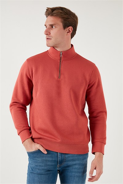 Pamuklu Regular Fit Yarım Fermuarlı Dik Yaka Şardonlu Erkek Sweat 59052592 KİREMİT