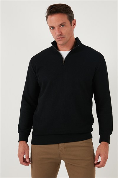 Pamuklu Regular Fit Yarım Fermuarlı Dik Yaka Erkek Sweat 5905716 SİYAH