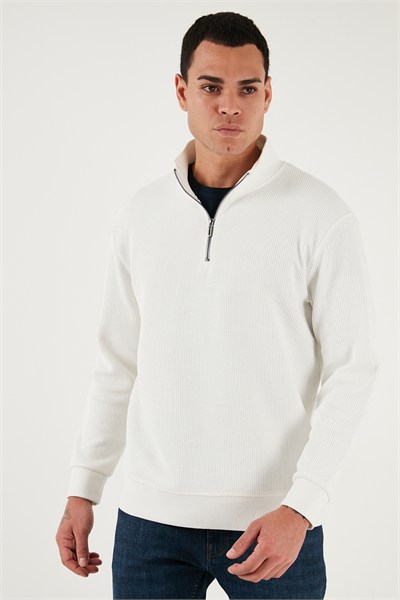 Pamuklu Regular Fit Yarım Fermuarlı Dik Yaka Erkek Sweat 5905716 EKRU