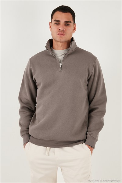 Pamuklu Regular Fit Yarım Fermuarlı Dik Yaka Şardonlu Erkek Sweat 59052592 TOPRAK