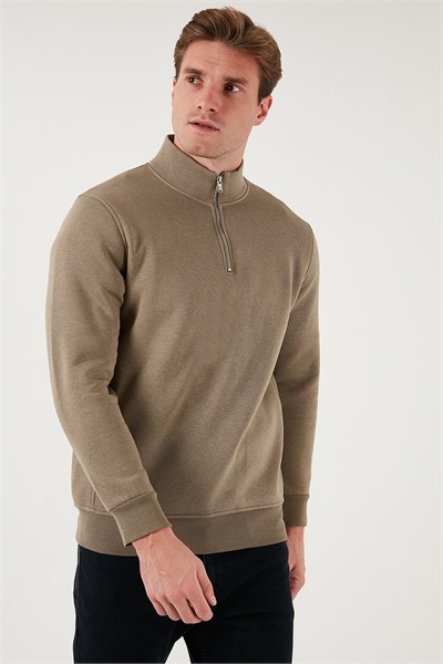 Pamuklu Regular Fit Yarım Fermuarlı Dik Yaka Şardonlu Erkek Sweat 59052592 Vizon Yeşili