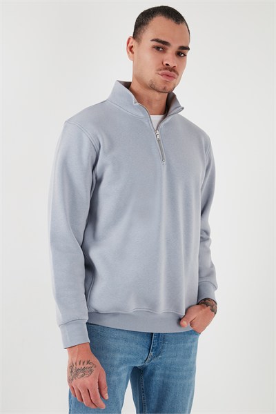 Pamuklu Regular Fit Yarım Fermuarlı Dik Yaka Şardonlu Erkek Sweat 59052592 AÇIK GRİ