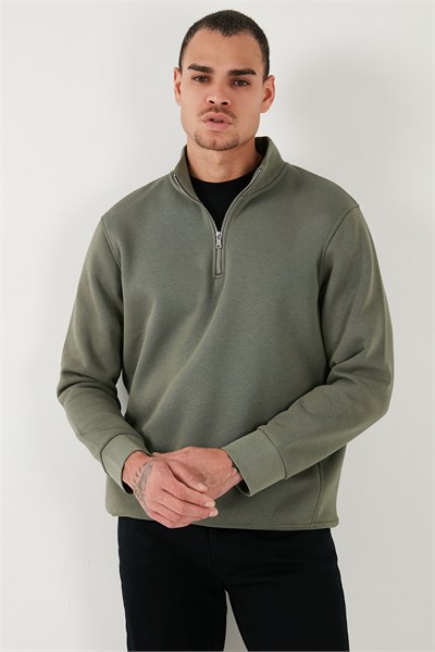 Pamuklu Regular Fit Yarım Fermuarlı Dik Yaka Şardonlu Erkek Sweat 59052592 HAKİ