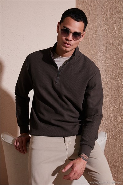 Pamuklu Regular Fit Yarım Fermuarlı Dik Yaka Erkek Sweat 5905716 KOYU KAHVE