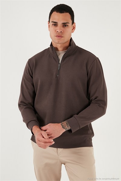Pamuklu Regular Fit Yarım Fermuarlı Dik Yaka Erkek Sweat 5905470 KOYU KAHVE