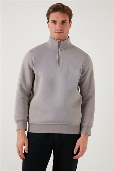 Pamuklu Regular Fit Yarım Fermuarlı Dik Yaka Şardonlu Erkek Sweat 59052592 Kül