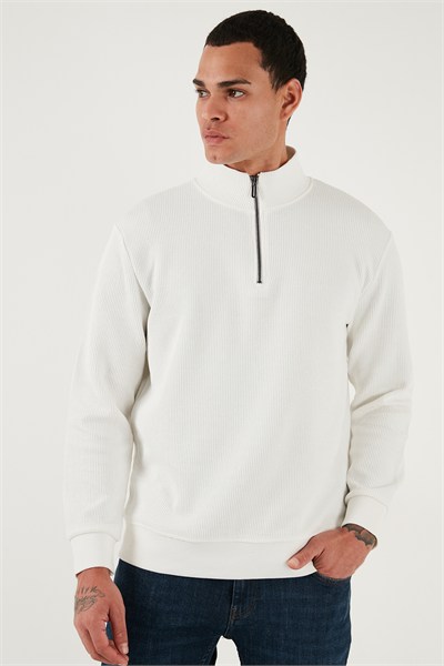 Pamuklu Regular Fit Yarım Fermuarlı Dik Yaka Erkek Sweat 5905716 EKRU