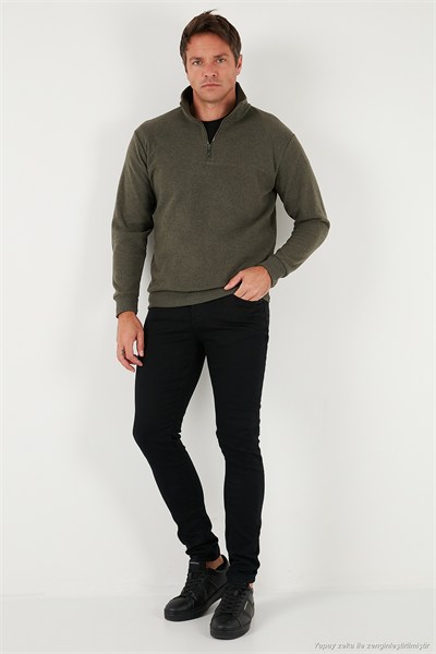 Pamuklu Regular Fit Yarım Fermuarlı Dik Yaka Erkek Kazak 456112 HAKİ