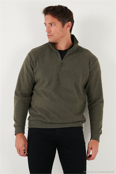 Pamuklu Regular Fit Yarım Fermuarlı Dik Yaka Erkek Kazak 456112 HAKİ