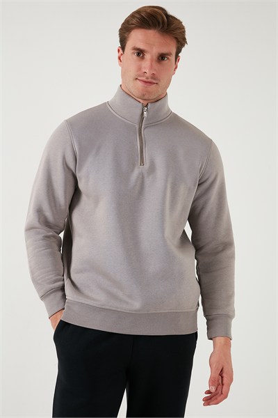 Pamuklu Regular Fit Yarım Fermuarlı Dik Yaka Şardonlu Erkek Sweat 59052592 Kül