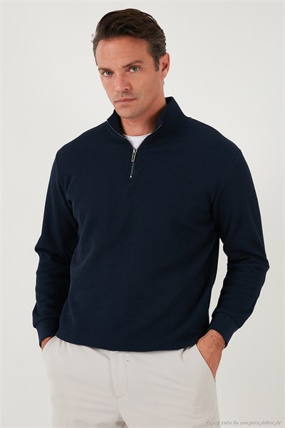 Pamuklu Regular Fit Yarım Fermuarlı Dik Yaka 2li Paket Erkek Sweat 5905716S2 Ekru-Koyu Lacivert
